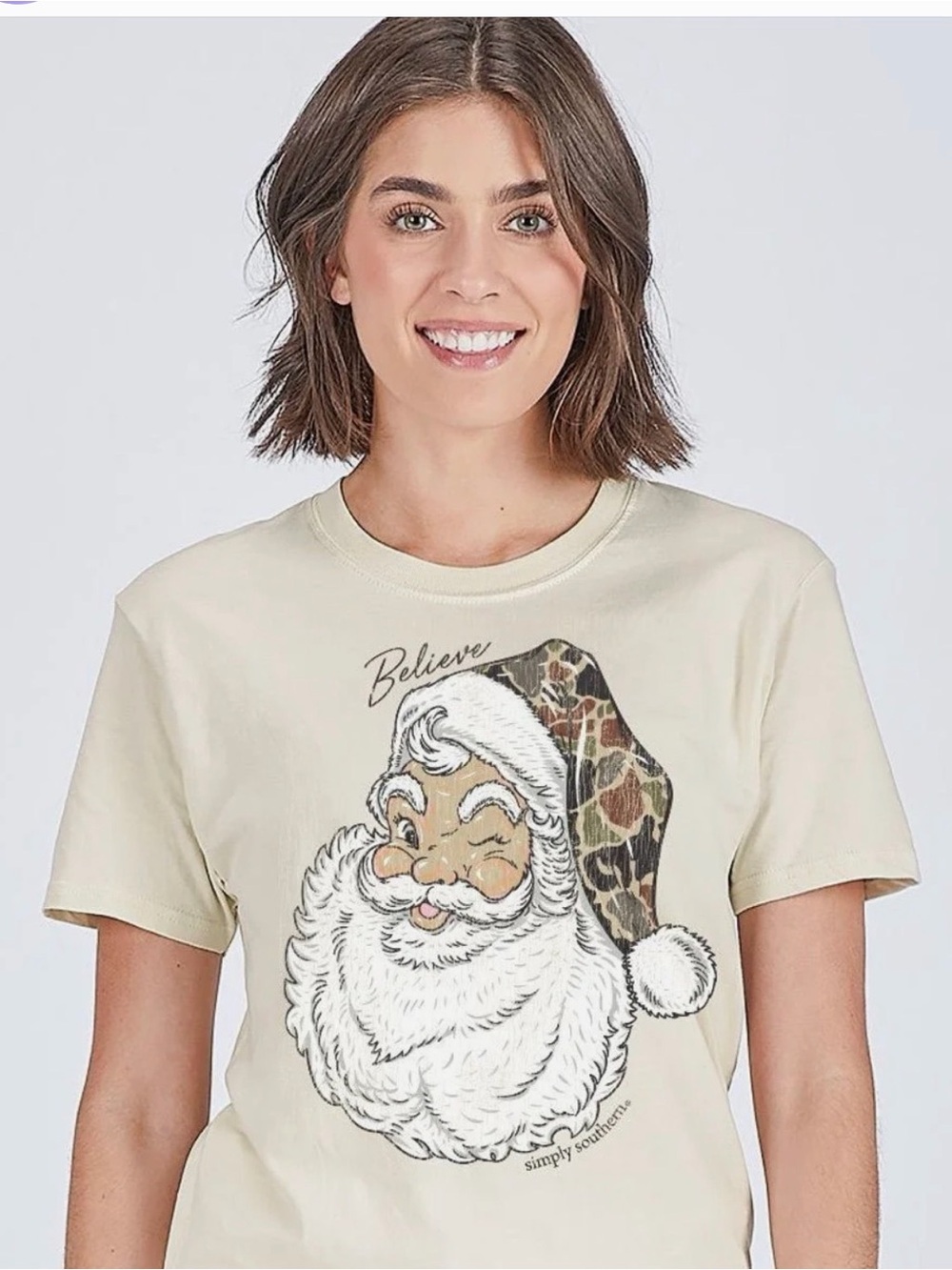 Simply Southern NWT Camo Santa Believe graphic tan short sleeve tee shirt sz L
